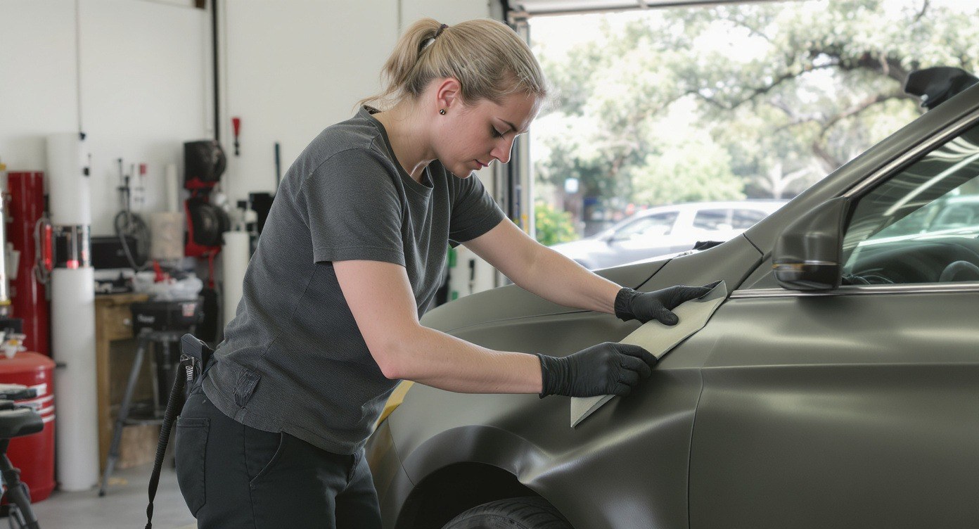 Installer smoothing vinyl wrap film around a car headlight
