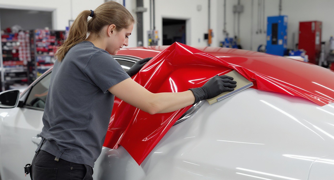 Color change vinyl being applied to a car panel