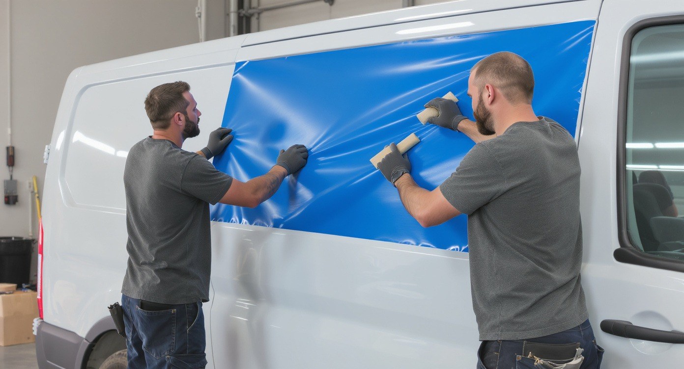 Vinyl being squeegeed onto a vehicle door