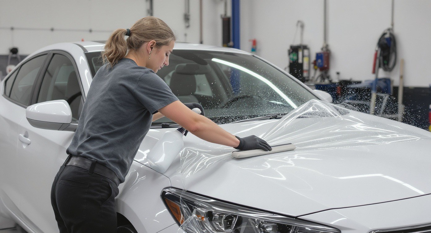 Front end of a white car where paint protection film is applied