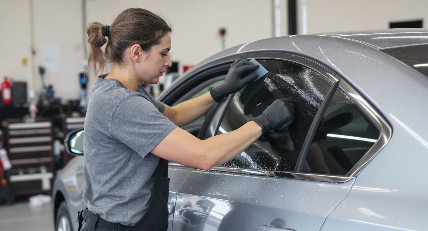 Installer squeegeeing window tint film onto a car side window